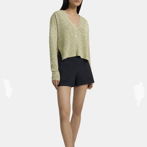 Theory Cardigan Hanalee Button Front Linen Blend Cropped Key Lime Multi L NWT - Picture 2 of 14